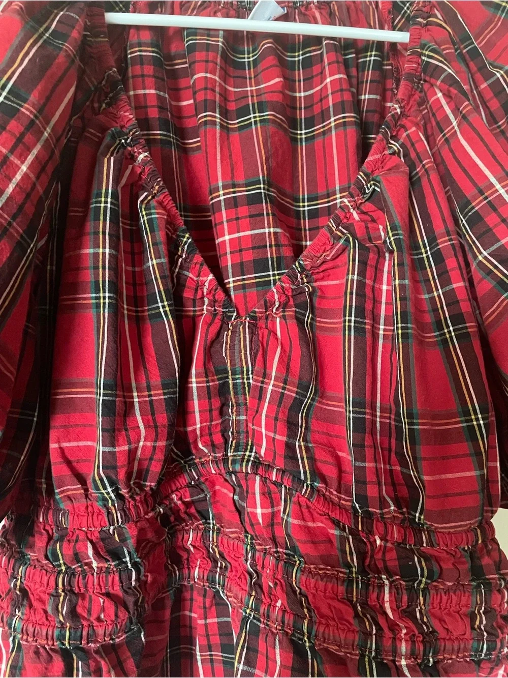 Red Plaid Puff-Sleeve Peplum Christmas Top 100% Cotton XXL